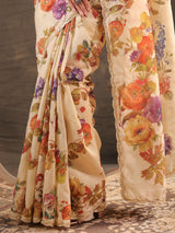 Cream floral embellished tussar saree for women