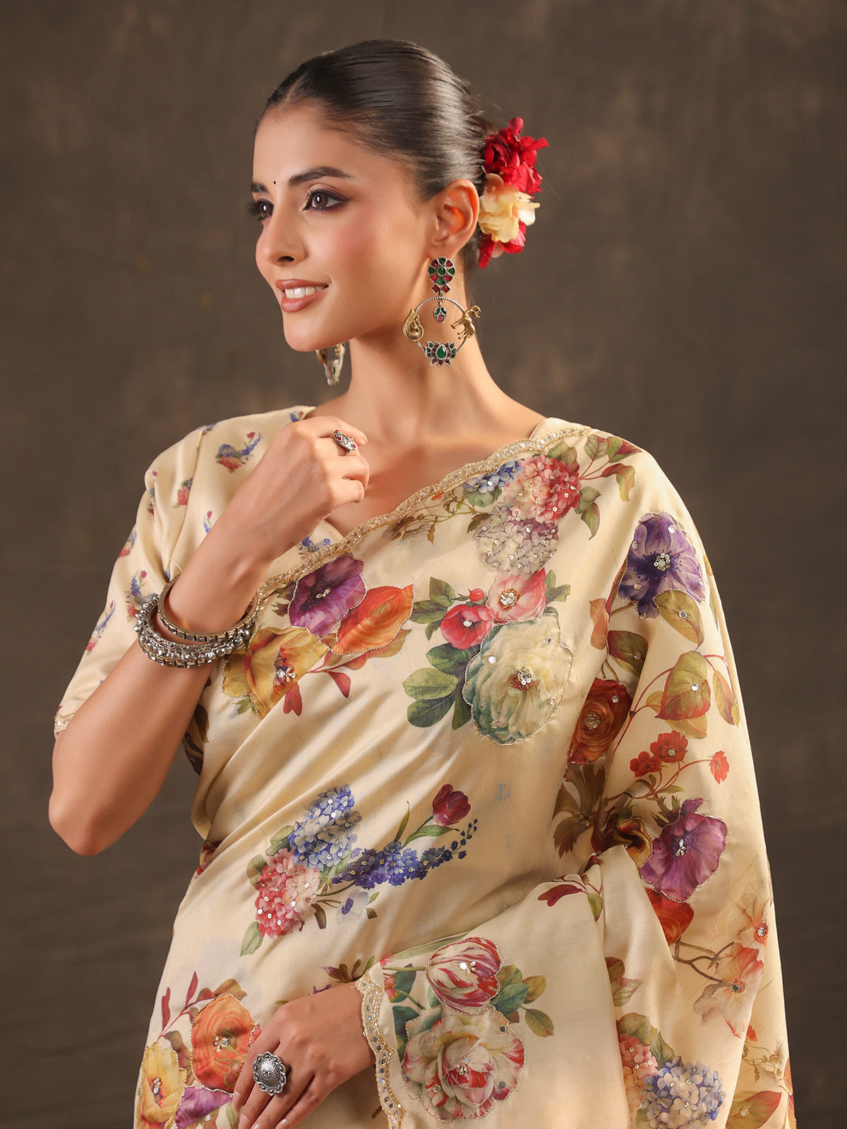 Cream floral embellished tussar saree for women