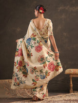 Warm ivory botanical printed saree for women