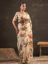 Warm ivory botanical printed saree for women