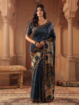 Slate grey blue kalamkari saree for women