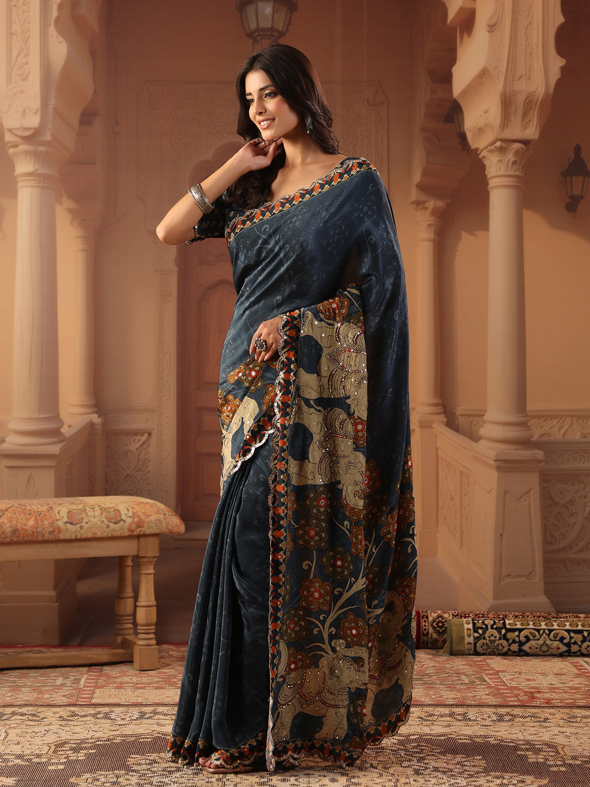 Slate grey blue kalamkari saree for women