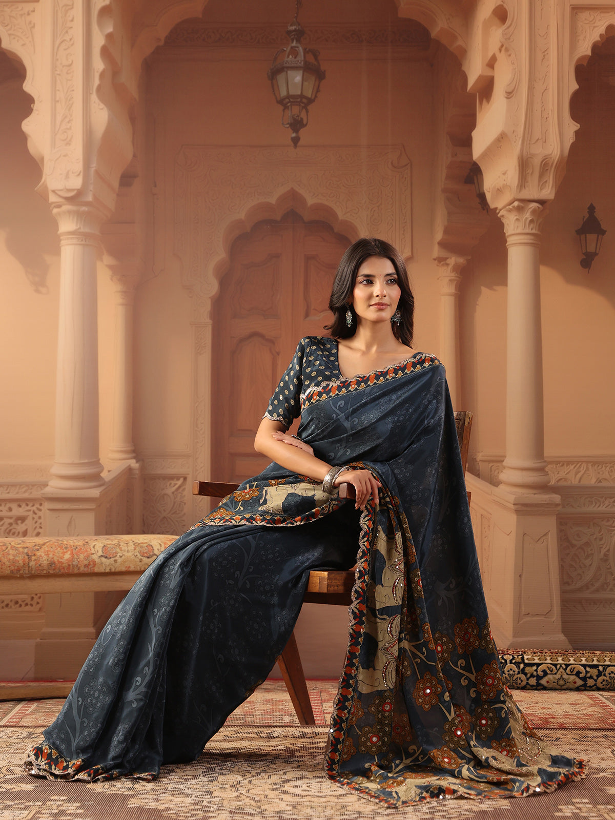 Slate grey blue kalamkari saree for women