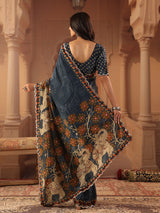 Slate grey blue kalamkari saree for women