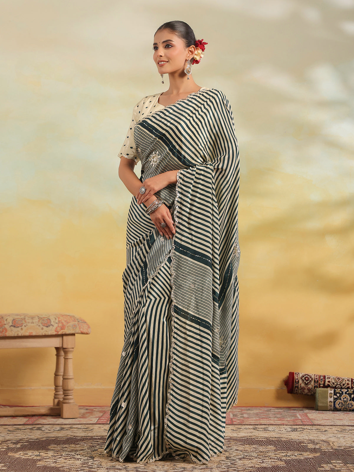 Teal green leheriya mirror work saree