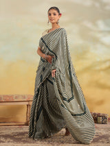 Teal green leheriya mirror work saree