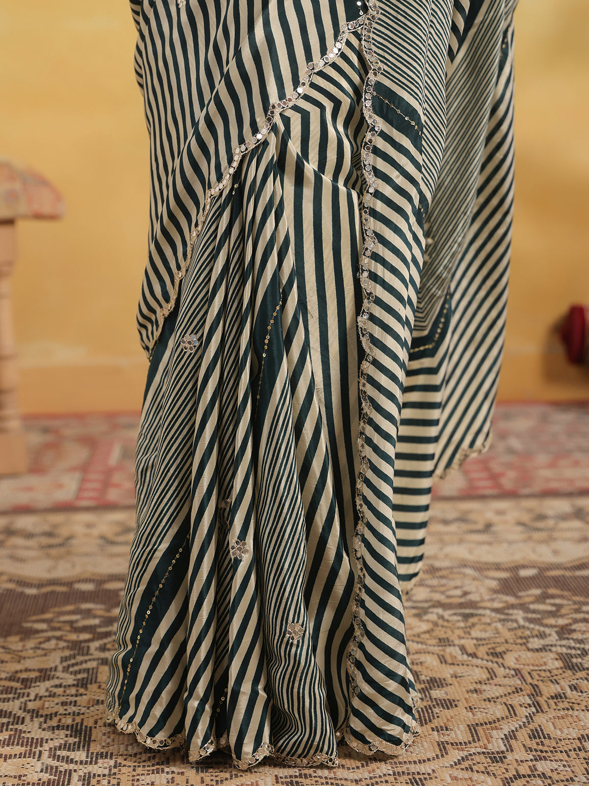 Teal green leheriya mirror work saree