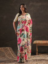 Off white floral fusion printed saree