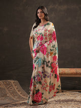 Off white floral fusion printed saree