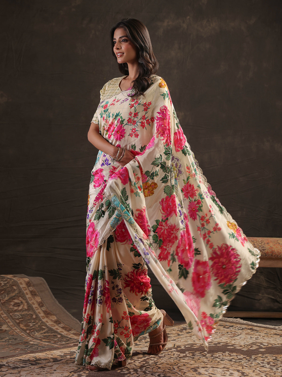 Off white floral fusion printed saree