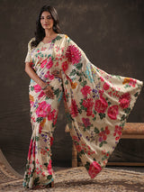 Off white floral fusion printed saree