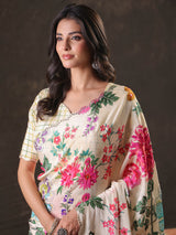 Off white floral fusion printed saree
