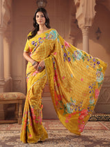 Vibrant mustard yellow fusion printed saree