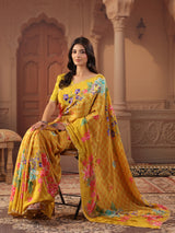 Vibrant mustard yellow fusion printed saree