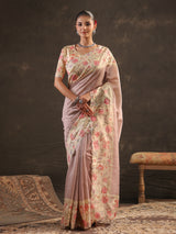 Pastel rose pink floral striped saree