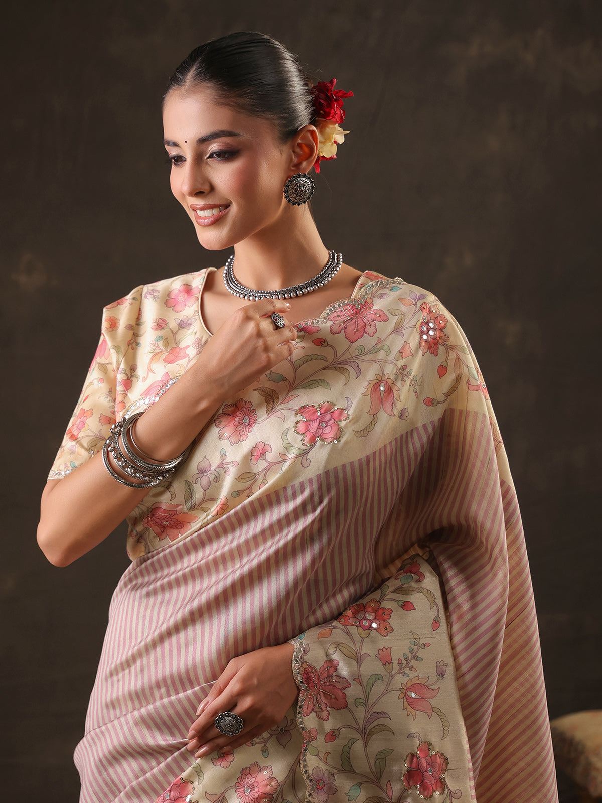 Pastel rose pink floral striped saree