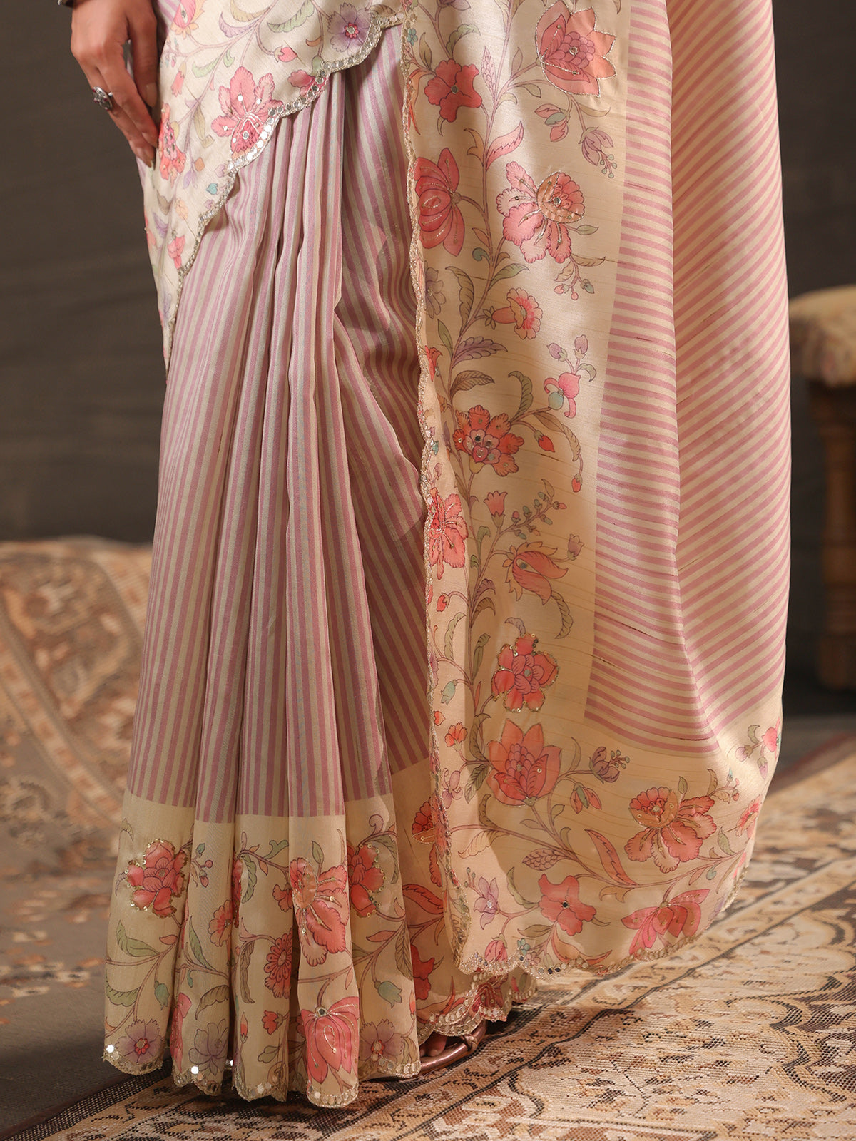 Pastel rose pink floral striped saree