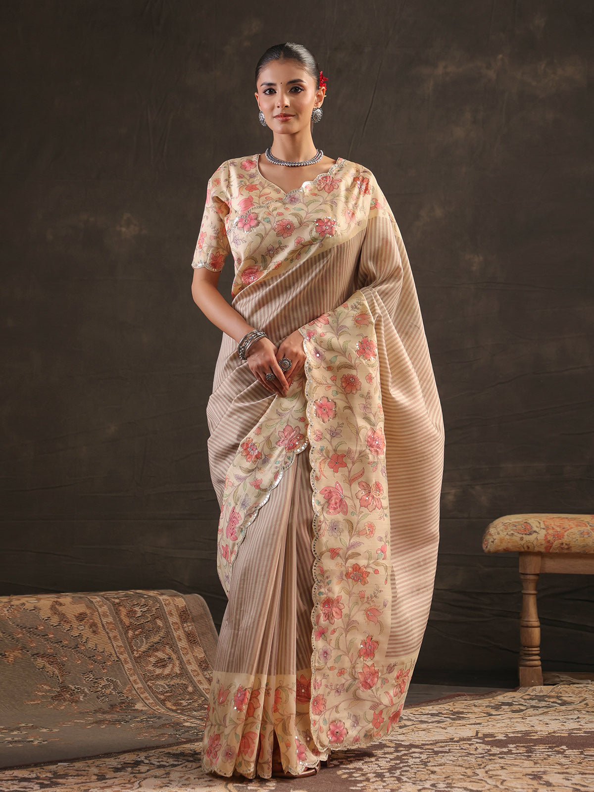 Dusty lavender kashmiri floral saree for women