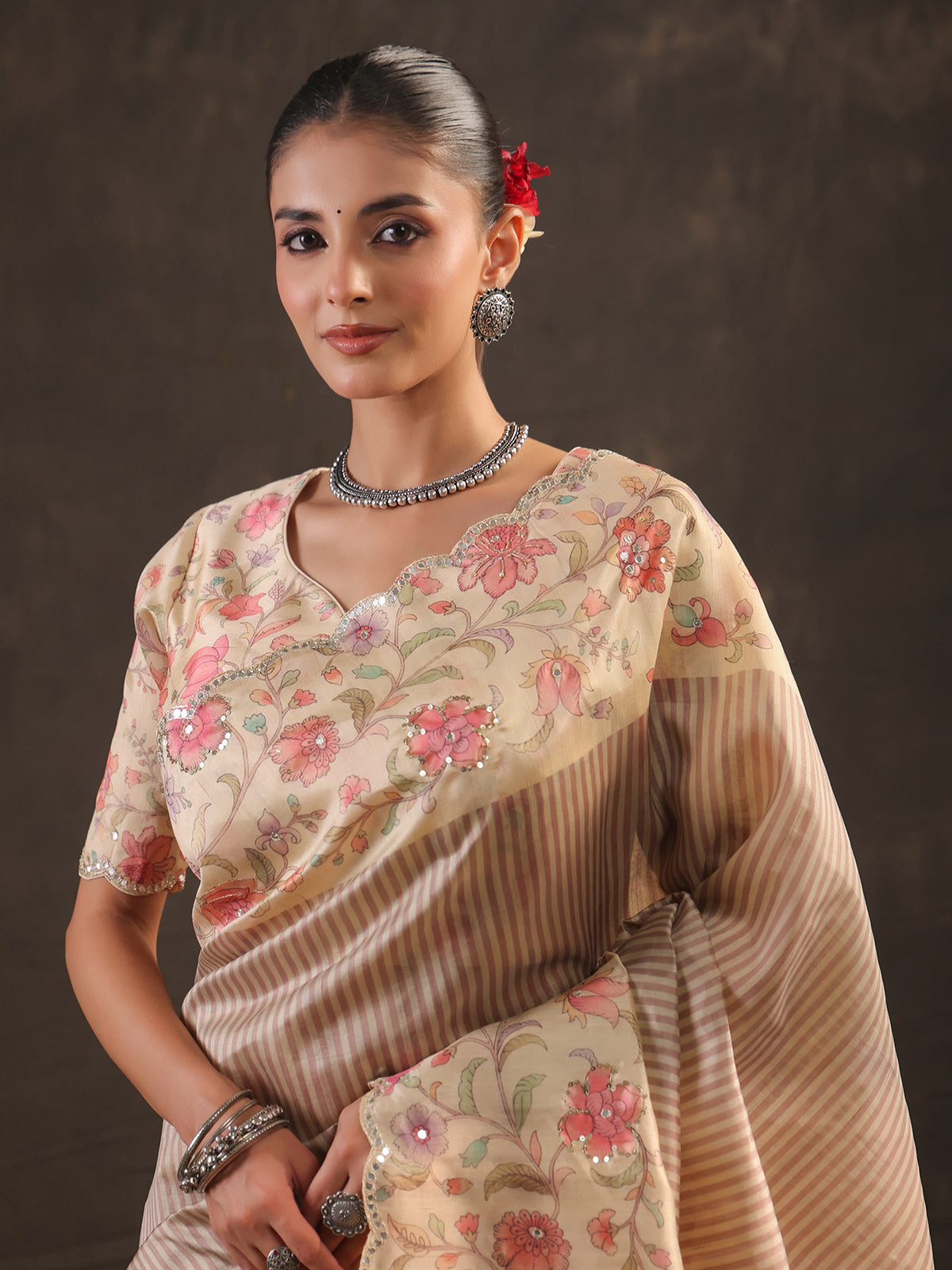 Dusty lavender kashmiri floral saree for women