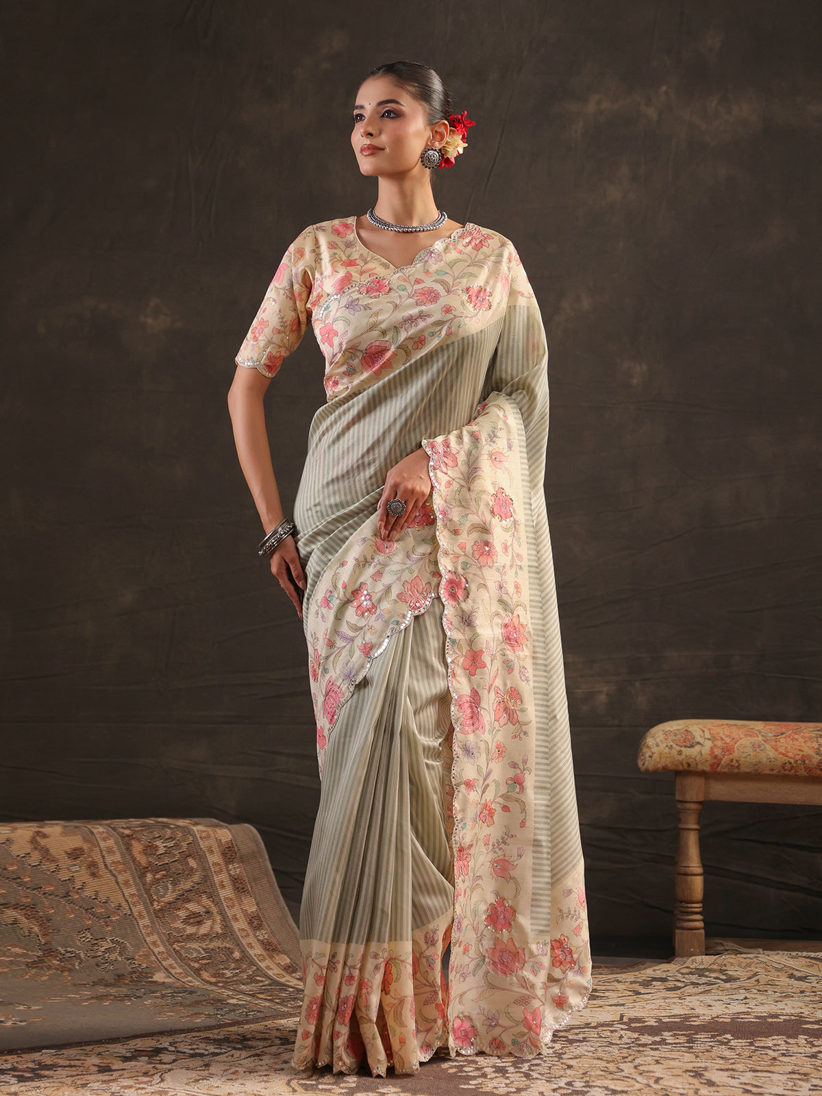 Sage mint green striped saree for women