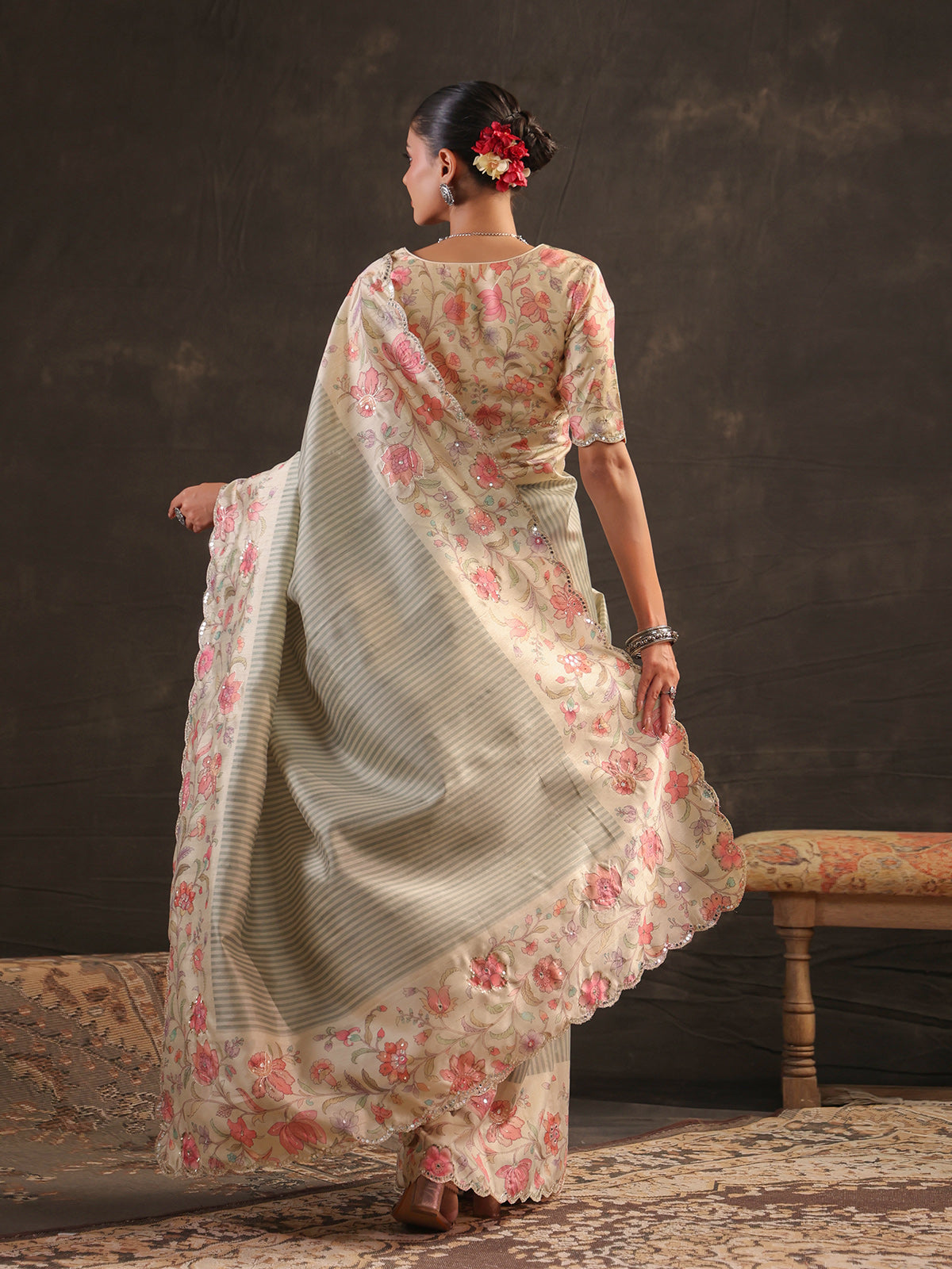 Sage mint green striped saree for women