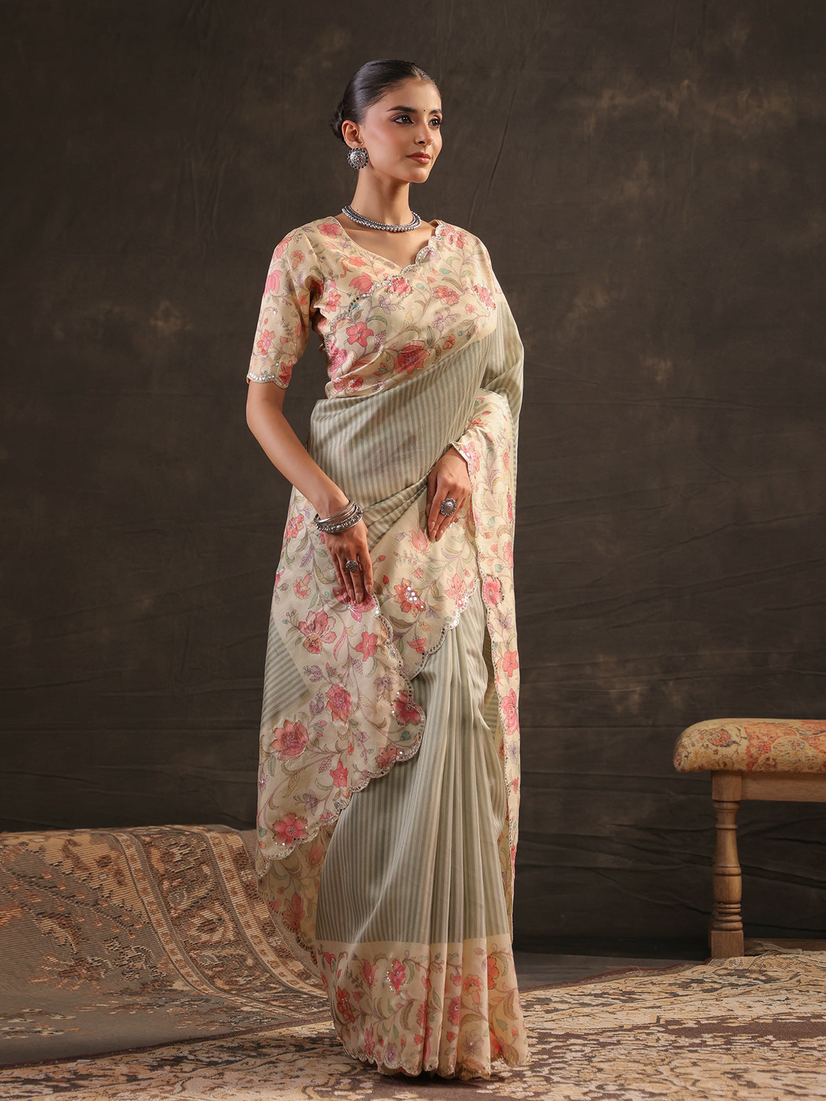 Sage mint green striped saree for women
