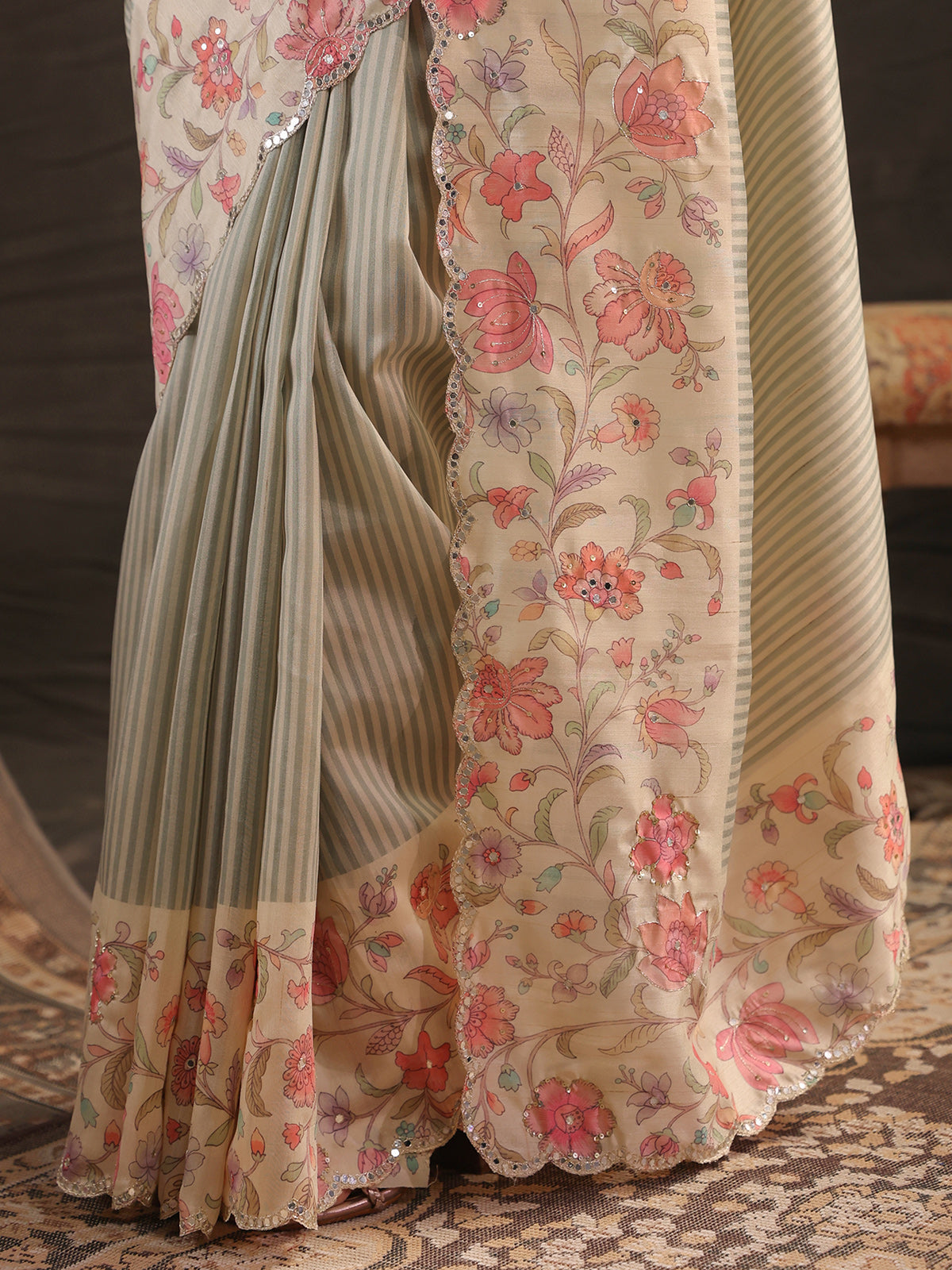 Sage mint green striped saree for women