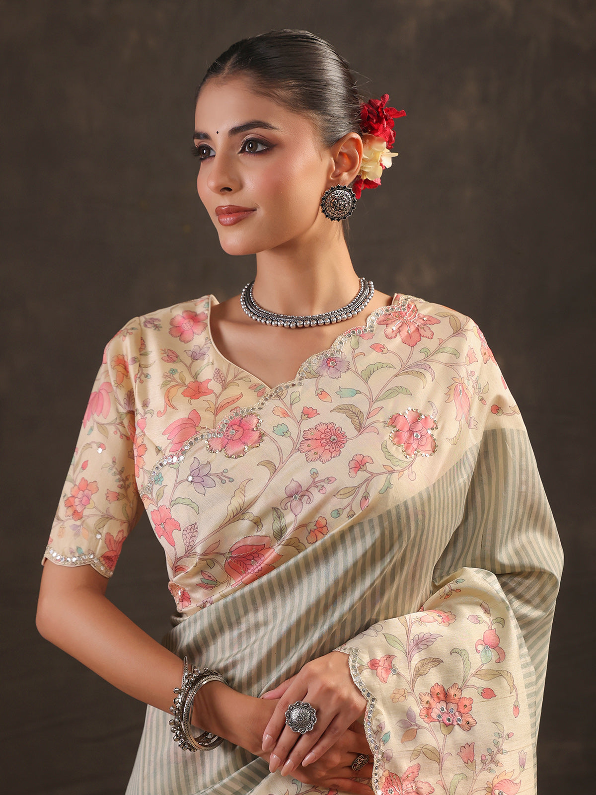 Sage mint green striped saree for women