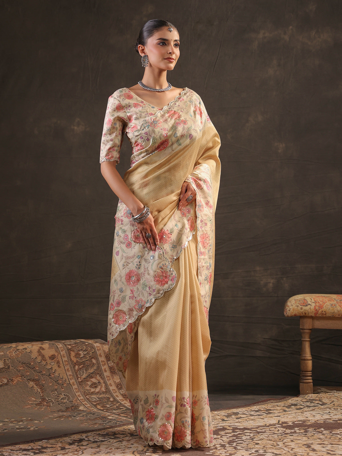Warm butter yellow floral tussar saree