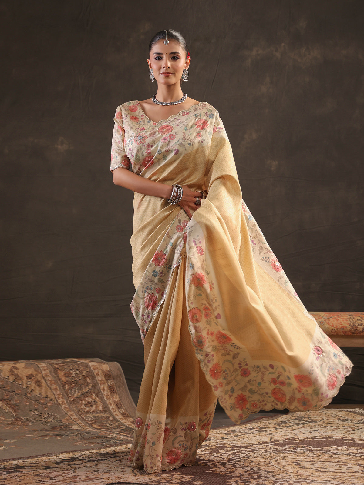 Warm butter yellow floral tussar saree