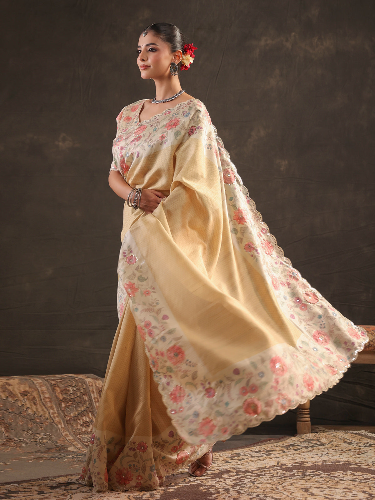 Warm butter yellow floral tussar saree