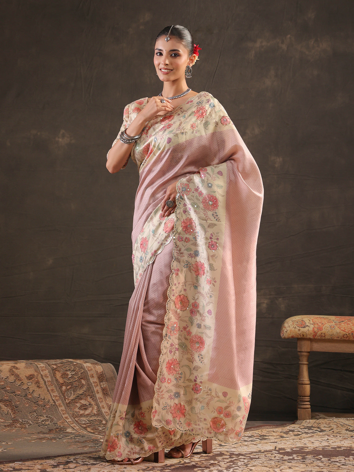 Dusty rose floral handwork saree for women