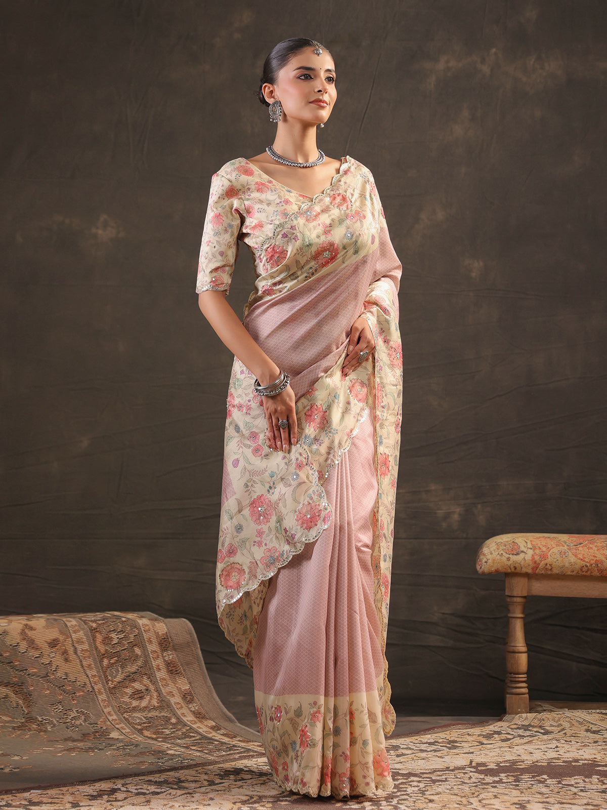 Dusty rose floral handwork saree for women