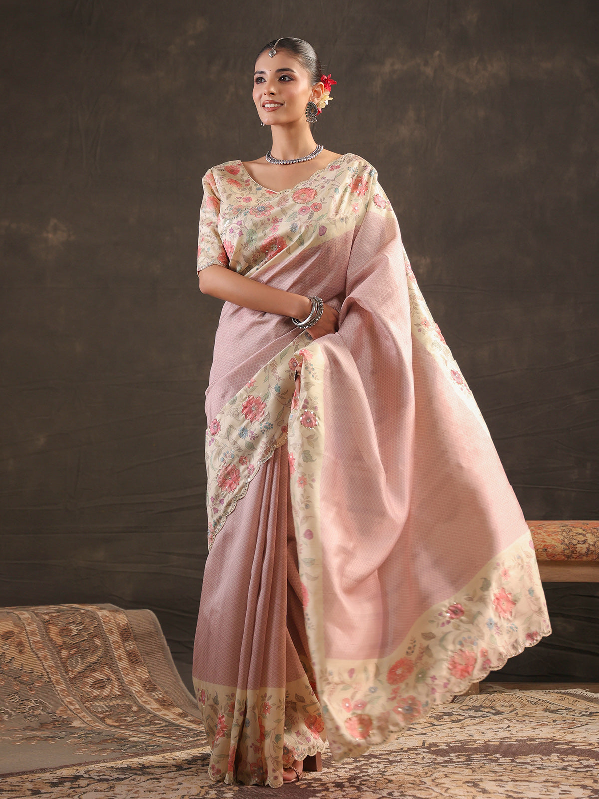 Dusty rose floral handwork saree for women