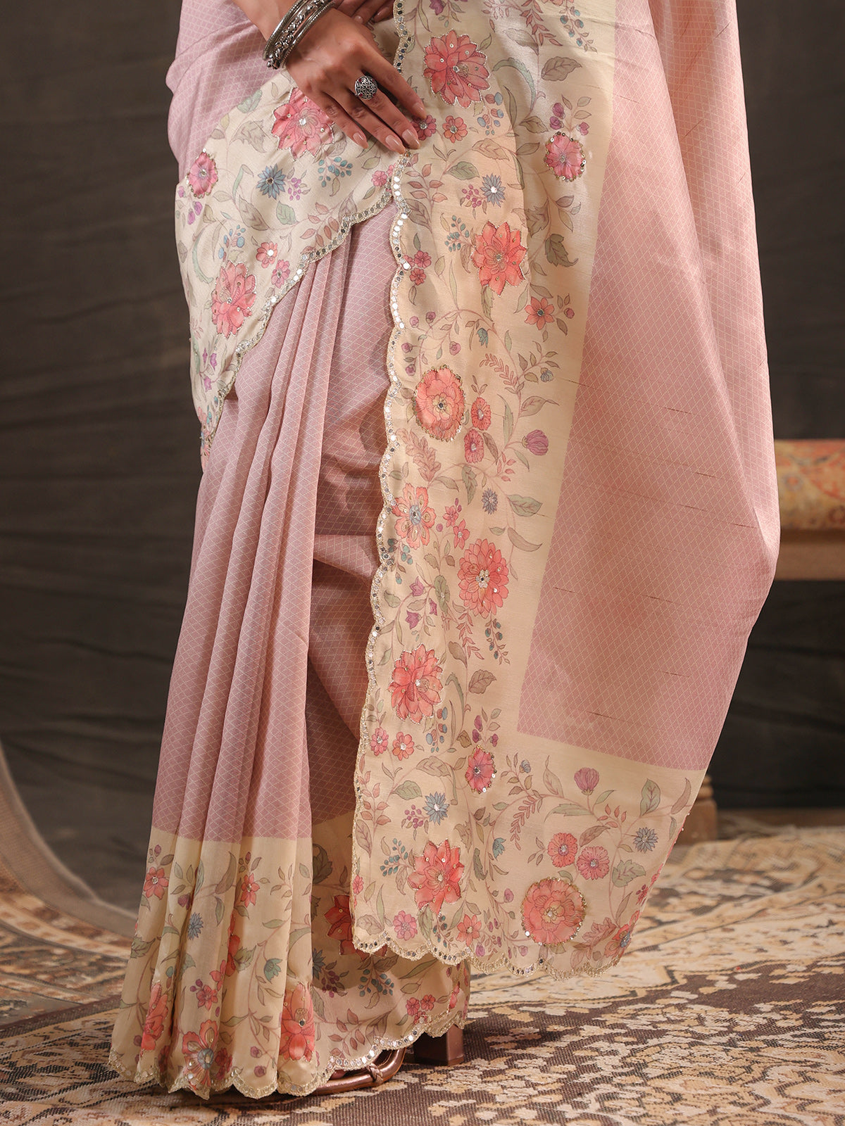 Dusty rose floral handwork saree for women