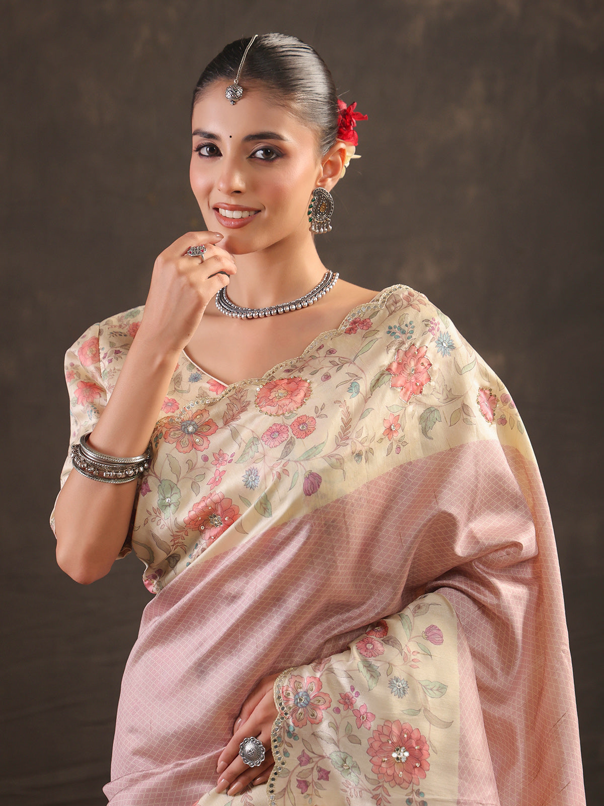 Dusty rose floral handwork saree for women