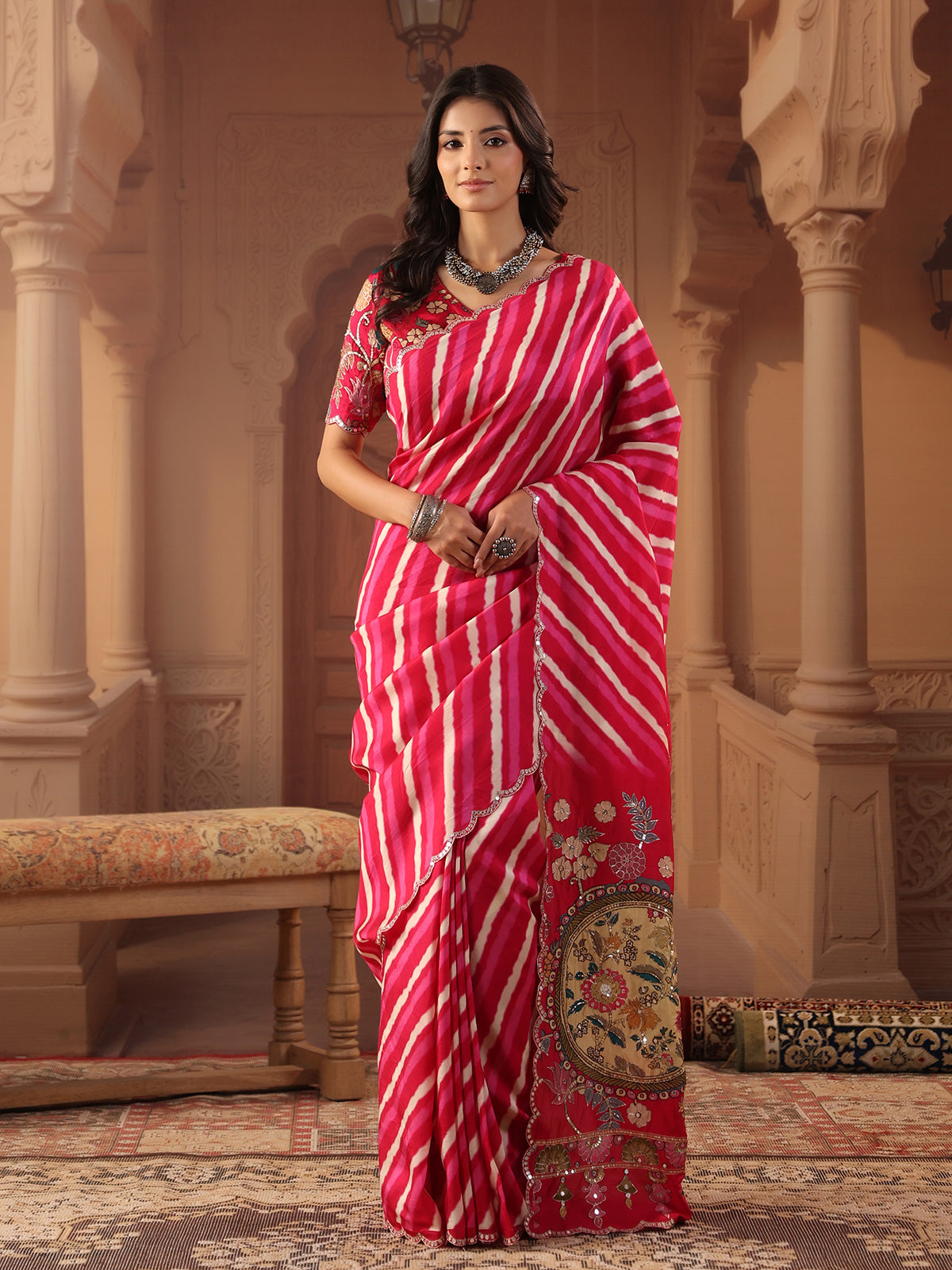 Vibrant rani pink leheriya saree for women