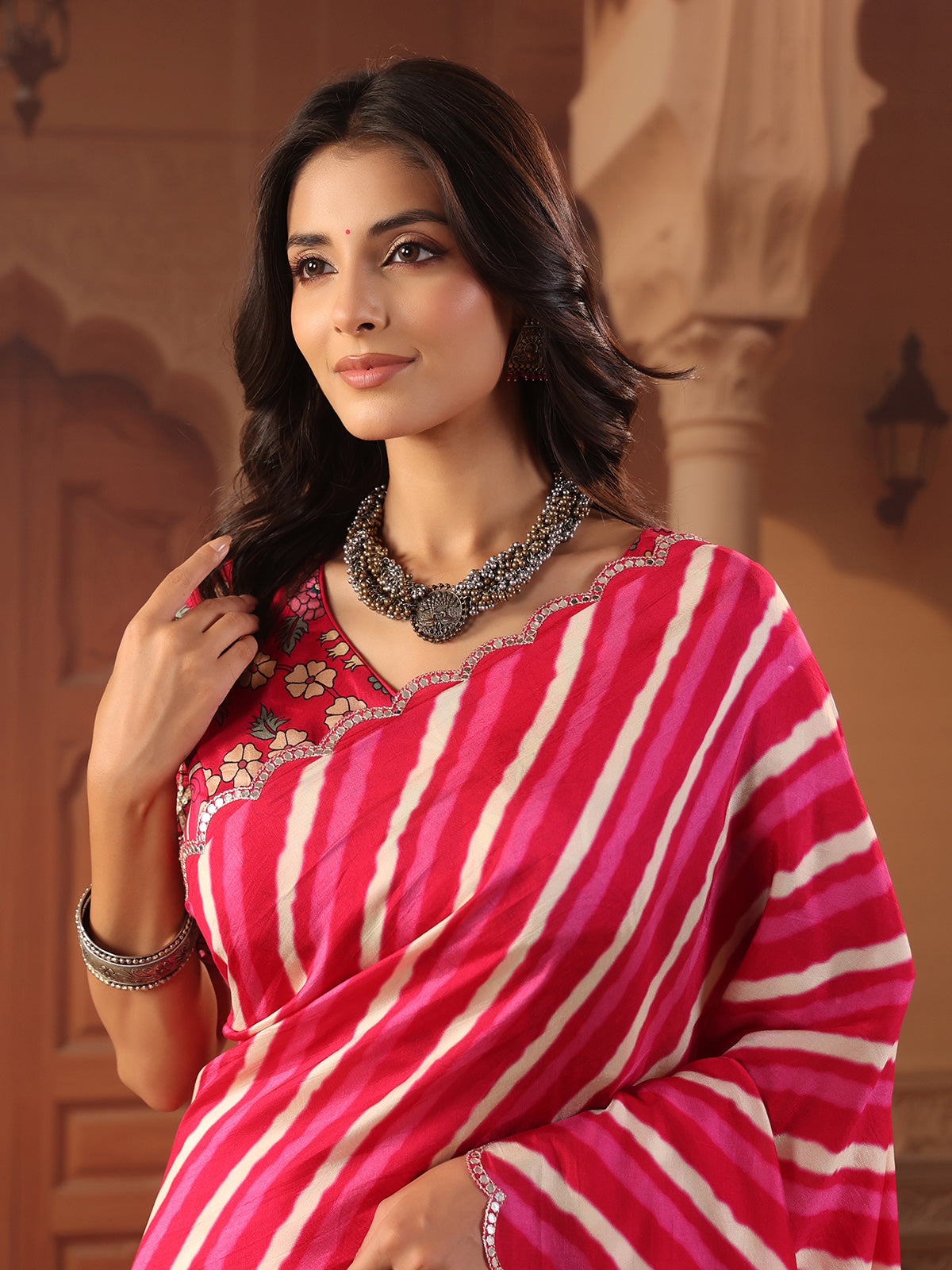 Vibrant rani pink leheriya saree for women