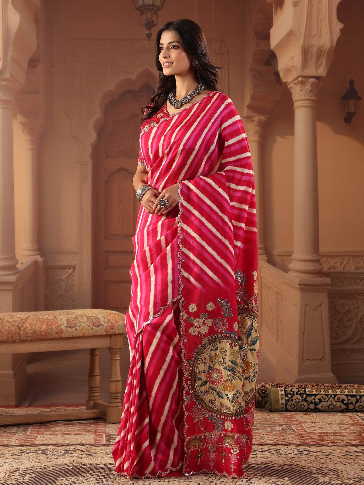 Vibrant rani pink leheriya saree for women