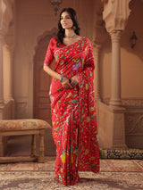 Vermilion red peacock bandhani saree for women