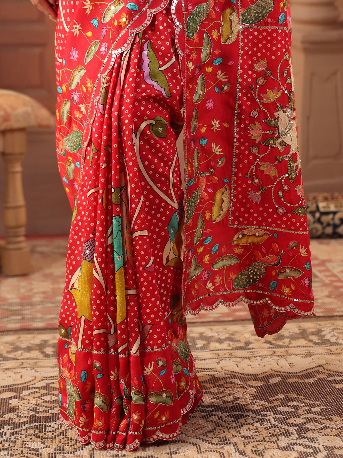 Vermilion red peacock bandhani saree for women