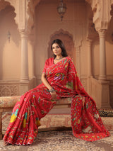 Vermilion red peacock bandhani saree for women