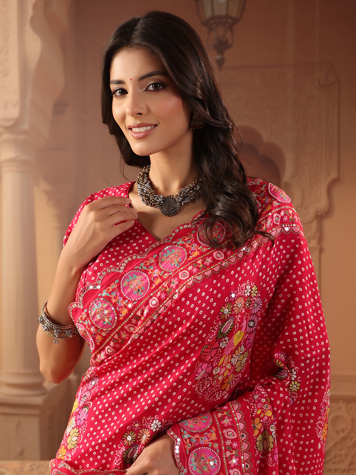 Ruby pink bandhani chakra saree for women