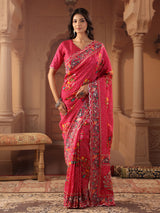 Rani pink floral bandhani saree for women