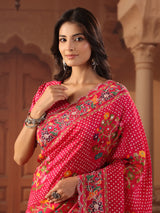 Rani pink floral bandhani saree for women