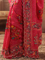 Rani pink floral bandhani saree for women