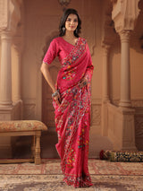Rani pink floral bandhani saree for women