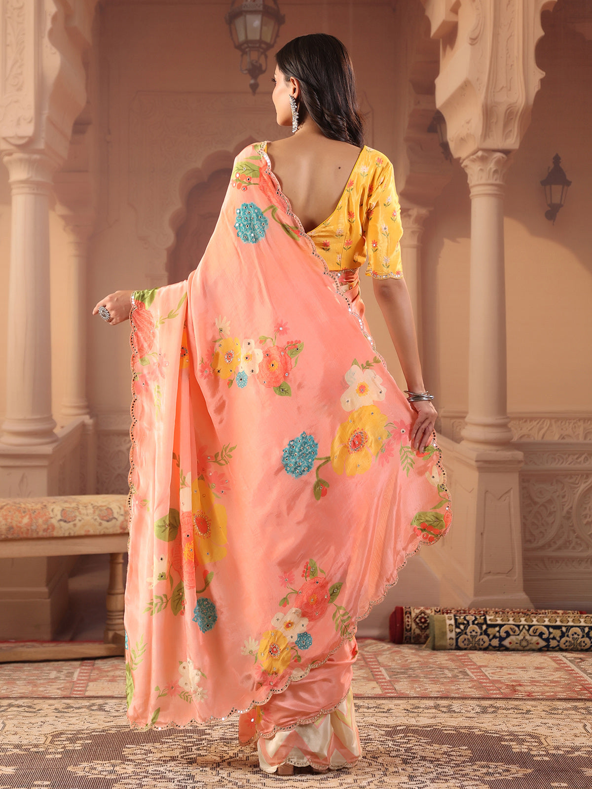 Peach chevron shaded printed saree for women