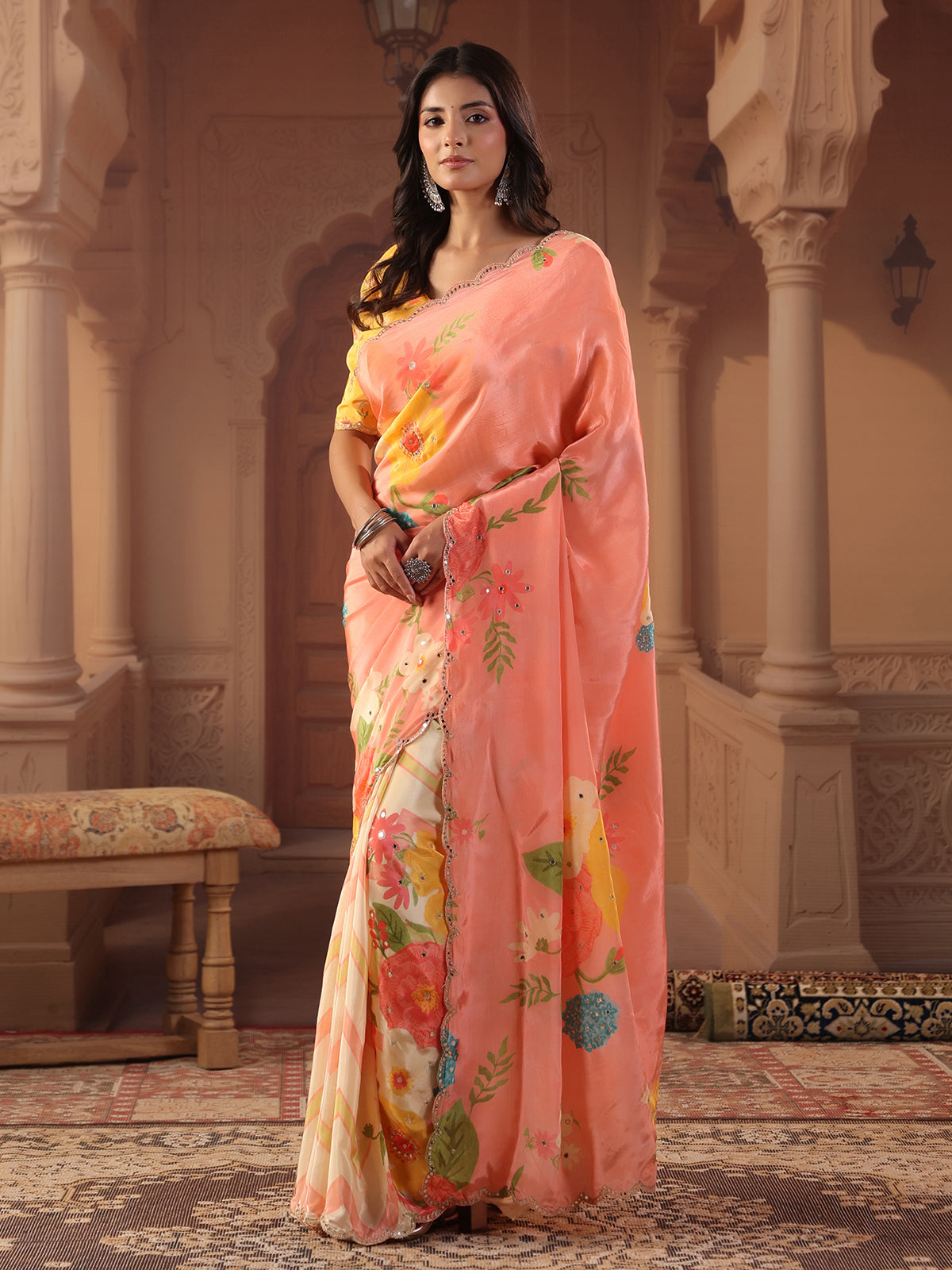 Peach chevron shaded printed saree for women