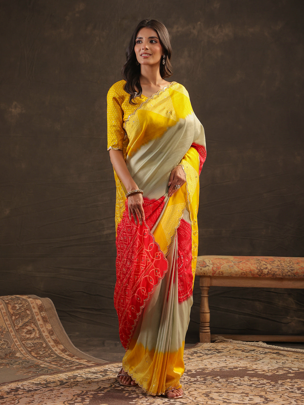 Yellow shaded bandhani printed saree for women